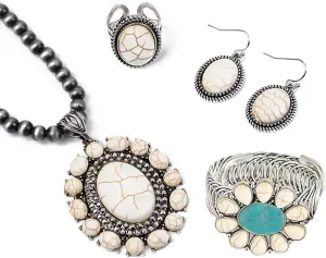 4Pcs Western Turquoise Jewelry for Women Navajo Pearl Necklace White Turquoise Jewelry Boho Necklace Earring Bracelet Ring Set Women Country Cowgirl Accessories