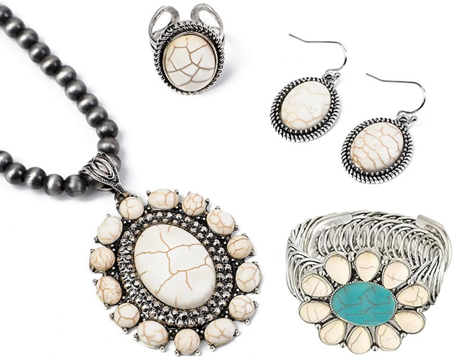 4Pcs Western Turquoise Jewelry for Women Navajo Pearl Necklace White Turquoise Jewelry Boho Necklace Earring Bracelet Ring Set Women Country Cowgirl Accessories