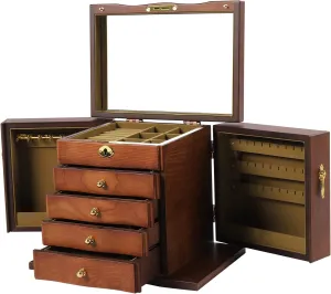 5 Tier 4 Drawers Wooden Jewelry Box for Women, Jewellery Holder Organizer Storage Case with Mirror Wood Organizer with Combo Lock for Jewelries, Necklaces, Rings, Vintage Style Storage Box Brown