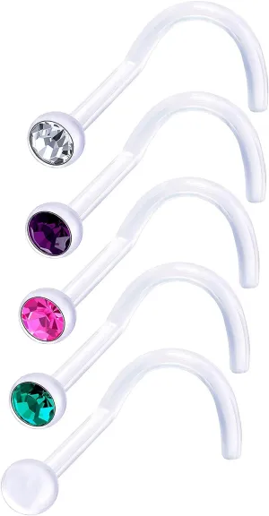 5Pcs 20g 0.8mm Nose Screw Rings Bioflex Flexible Corkscrew Nostril Piercing Jewelry 2.5mm Crystal - CL RO BZ AM