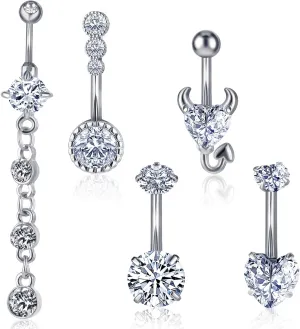 5Pcs Belly Button Dangle Rings, Stainless Steel Belly Button Rings, Navel Piercing Jewelry with Cute Heart Devil Elements for Women