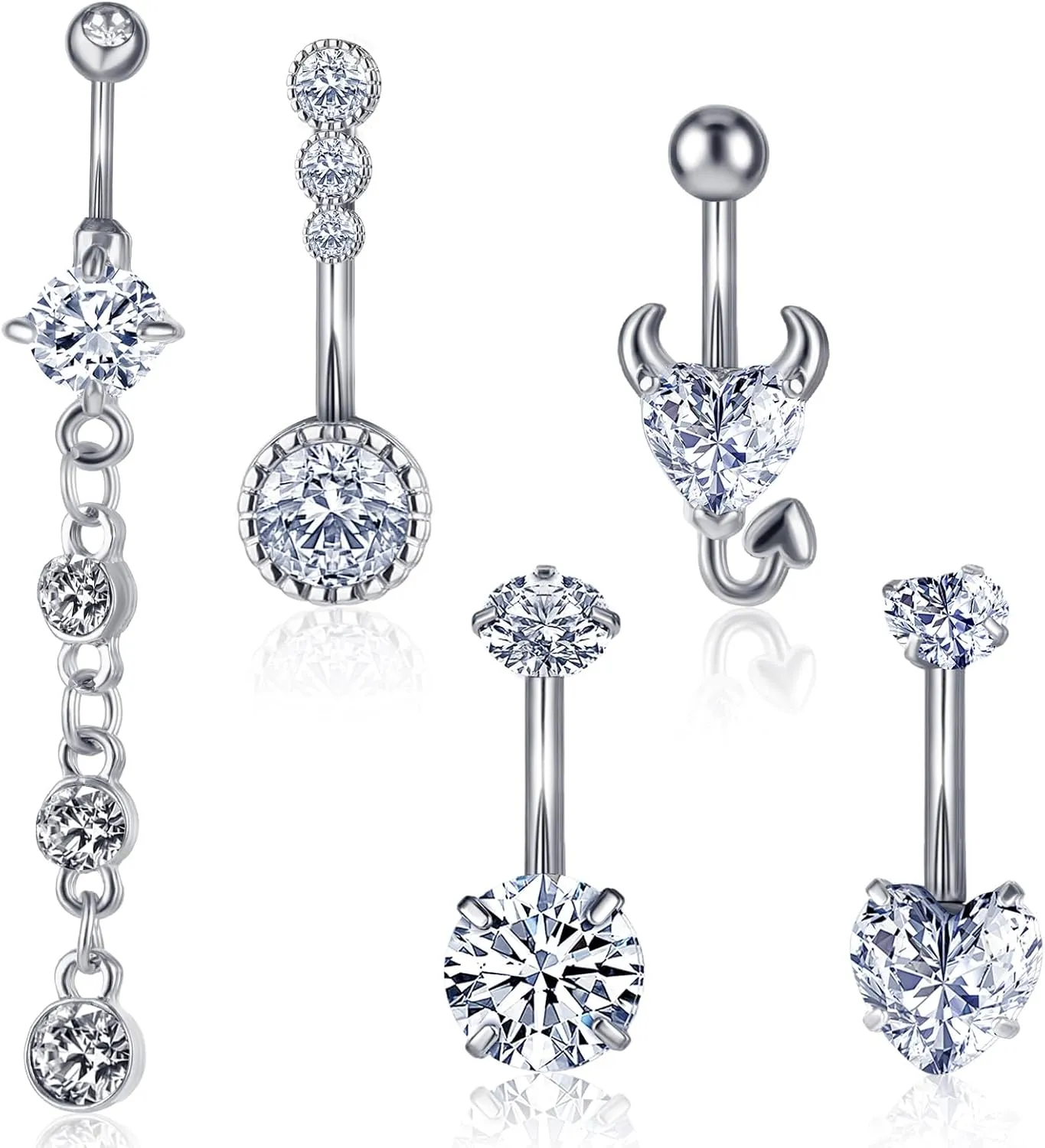 5Pcs Belly Button Dangle Rings, Stainless Steel Belly Button Rings, Navel Piercing Jewelry with Cute Heart Devil Elements for Women