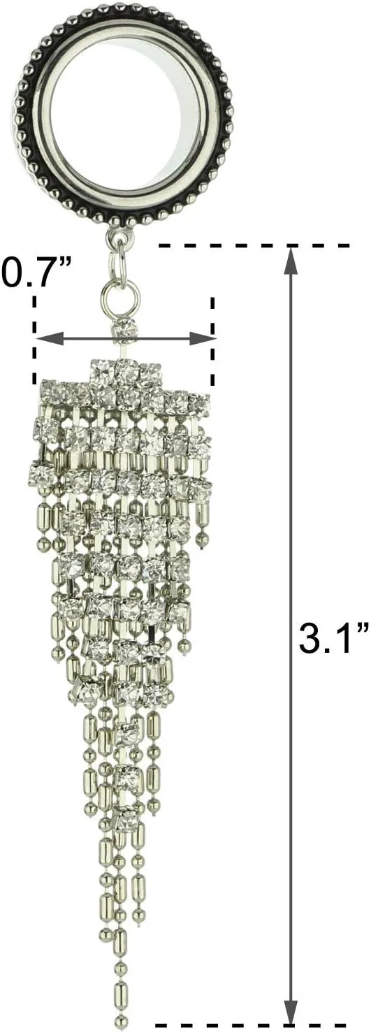 6mm-25mm Surgical Steel Clear Crystal Beads Tassel Dangle Ear Gauges Piercing Flesh Tunnels Plugs Statement Earrings