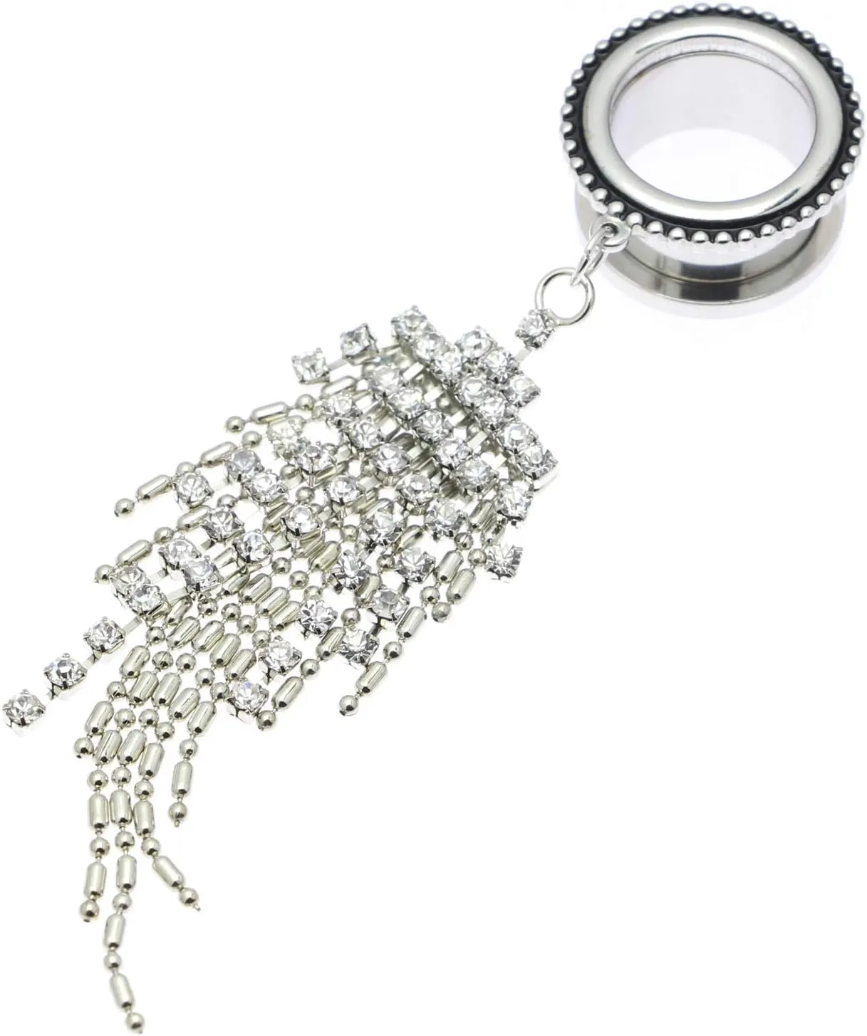 6mm-25mm Surgical Steel Clear Crystal Beads Tassel Dangle Ear Gauges Piercing Flesh Tunnels Plugs Statement Earrings