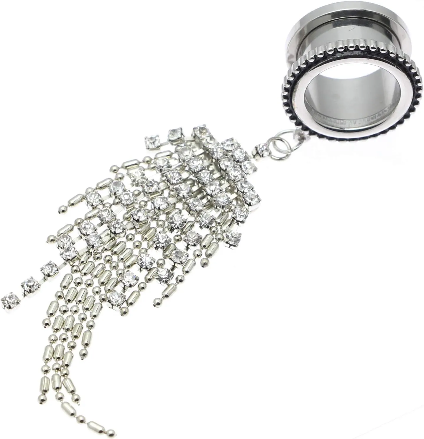 6mm-25mm Surgical Steel Clear Crystal Beads Tassel Dangle Ear Gauges Piercing Flesh Tunnels Plugs Statement Earrings