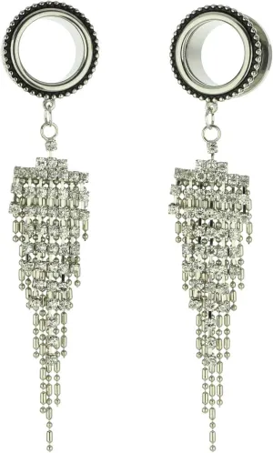 6mm-25mm Surgical Steel Clear Crystal Beads Tassel Dangle Ear Gauges Piercing Flesh Tunnels Plugs Statement Earrings