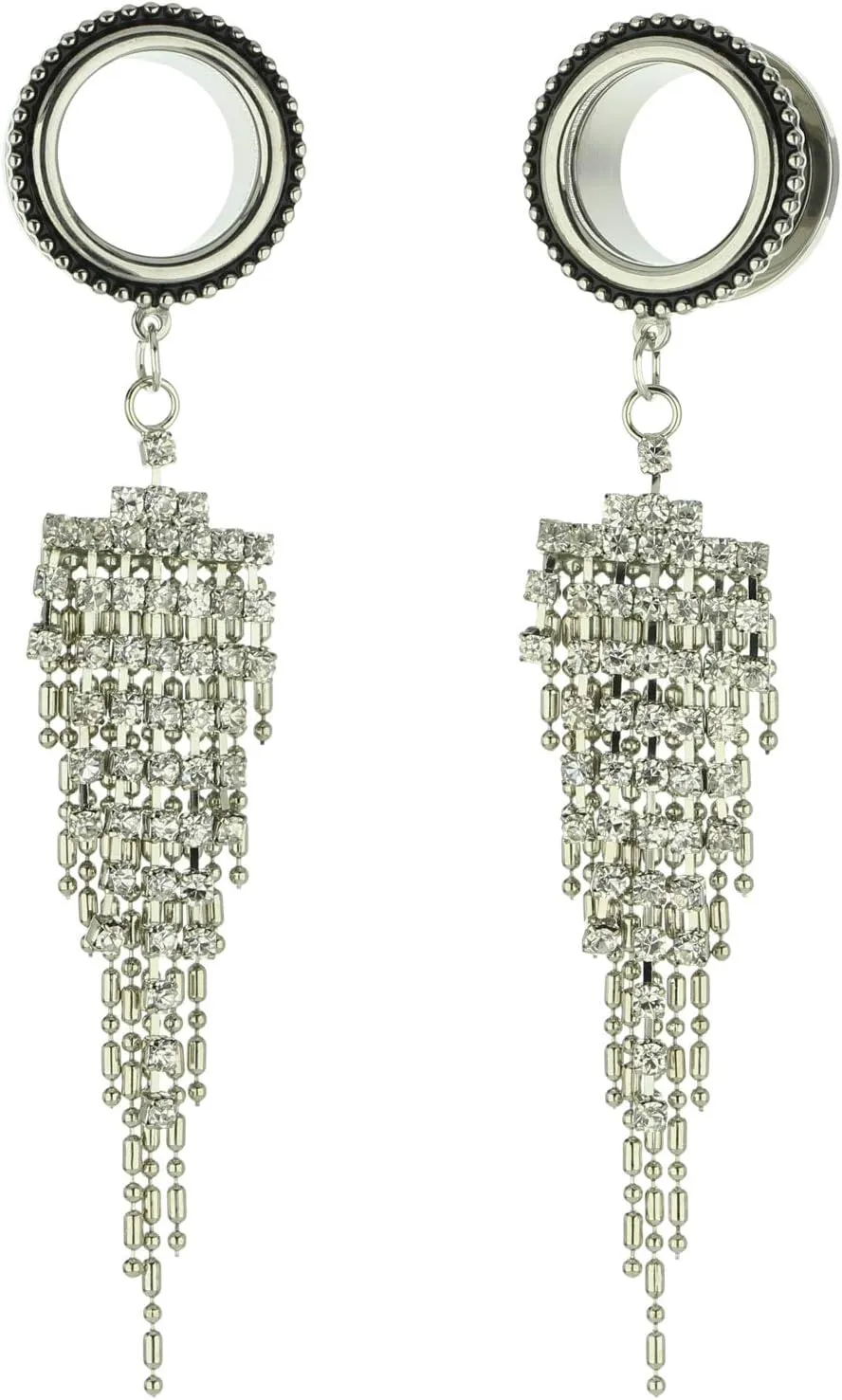 6mm-25mm Surgical Steel Clear Crystal Beads Tassel Dangle Ear Gauges Piercing Flesh Tunnels Plugs Statement Earrings