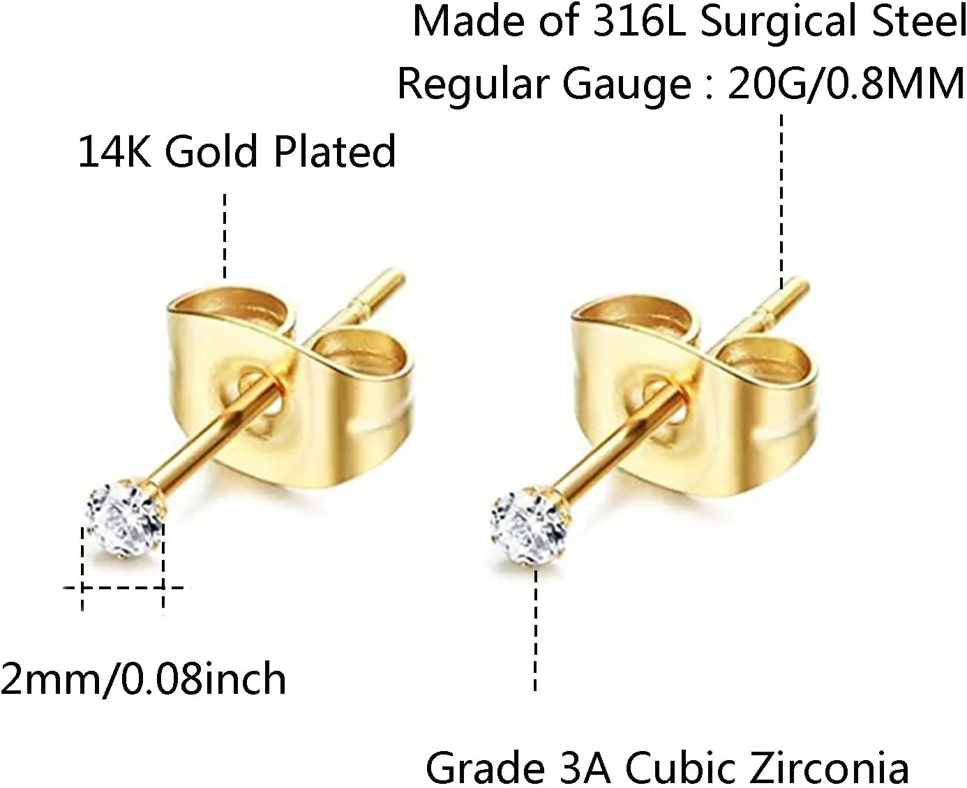6Pairs 2mm/3mm Surgical Steel Hypoallergenic Piercing Studs, 20G 14K Real Gold Filled Tiny Stud Earrings Set for Multiple Hole Piercing (Cubic Zirconia, Pearl, Ball)
