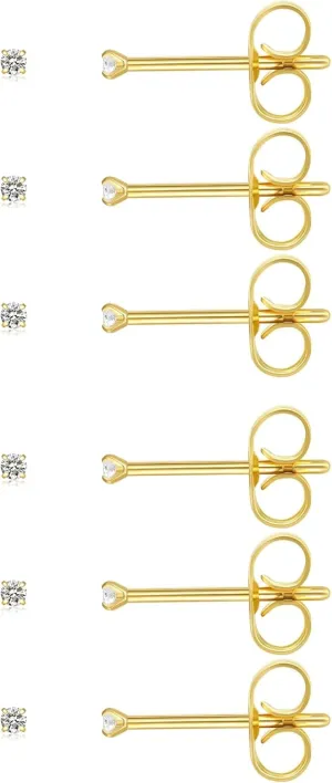 6Pairs 2mm/3mm Surgical Steel Hypoallergenic Piercing Studs, 20G 14K Real Gold Filled Tiny Stud Earrings Set for Multiple Hole Piercing (Cubic Zirconia, Pearl, Ball)