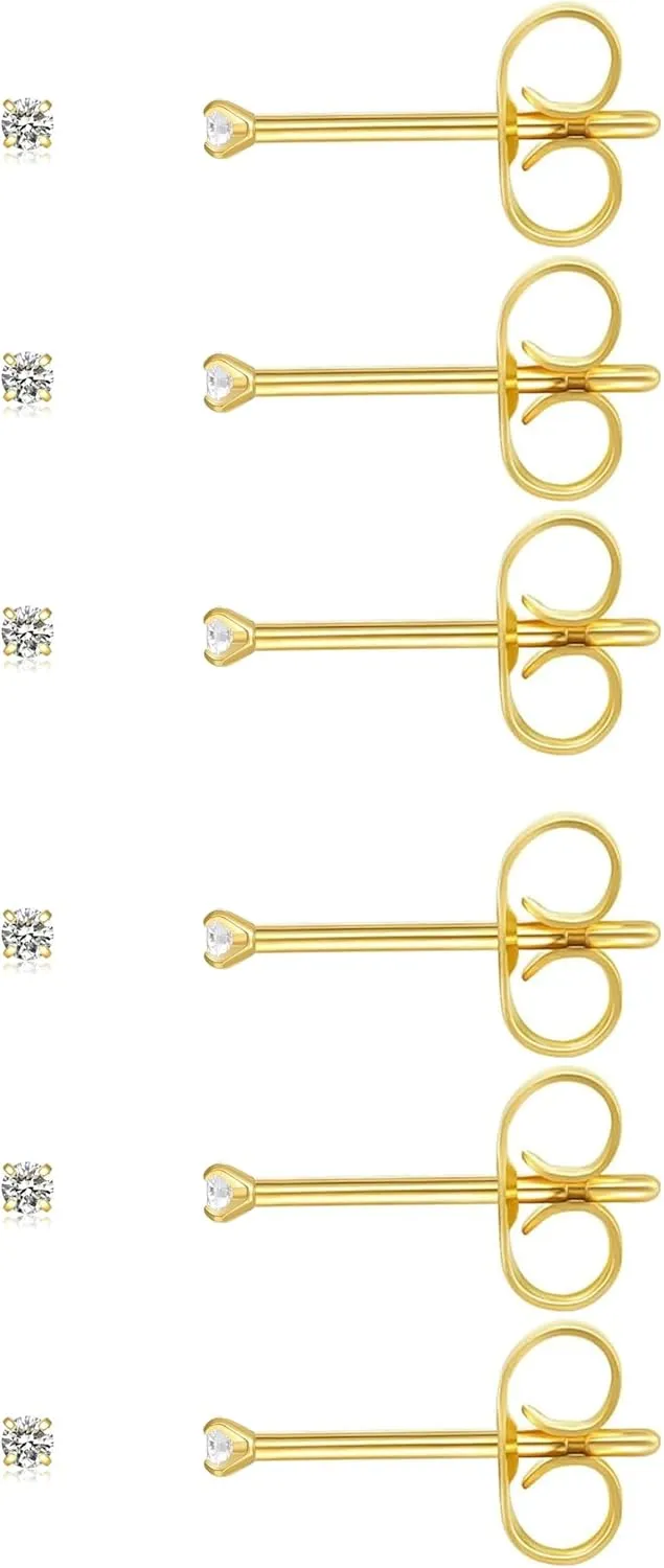6Pairs 2mm/3mm Surgical Steel Hypoallergenic Piercing Studs, 20G 14K Real Gold Filled Tiny Stud Earrings Set for Multiple Hole Piercing (Cubic Zirconia, Pearl, Ball)