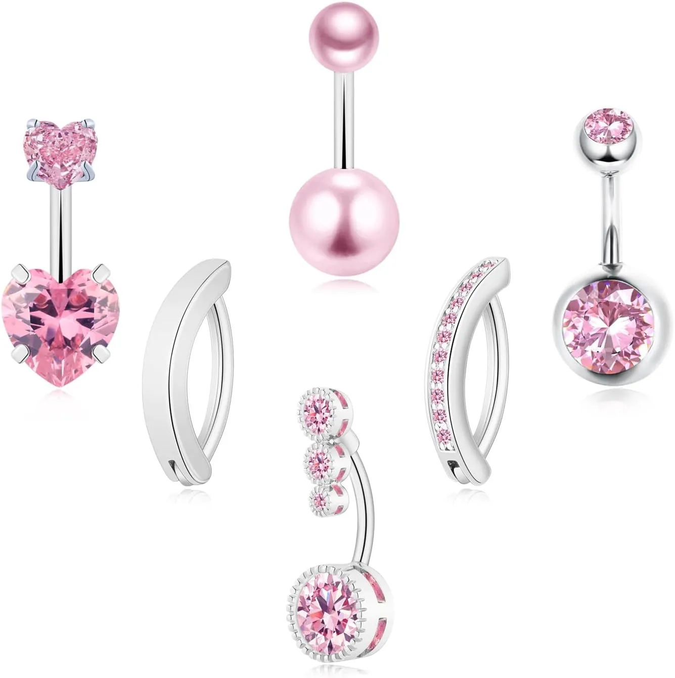 6Pcs Belly Button Rings Stainless Steel Silver Gold Plated Belly Rings Pearl Heart CZ Belly Button Piercing Navel Piercing Jewelry for Women