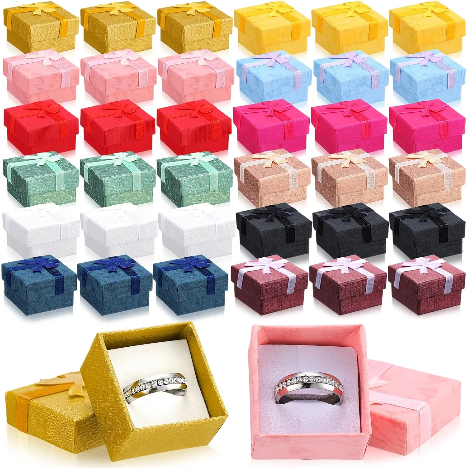 72 Pcs Ring Boxes 1.6 x 1.6 In Hard Cardboard Jewelry Box with Ribbon Bow Small Jewelry Gift Cases for Small Business(Bright Color)