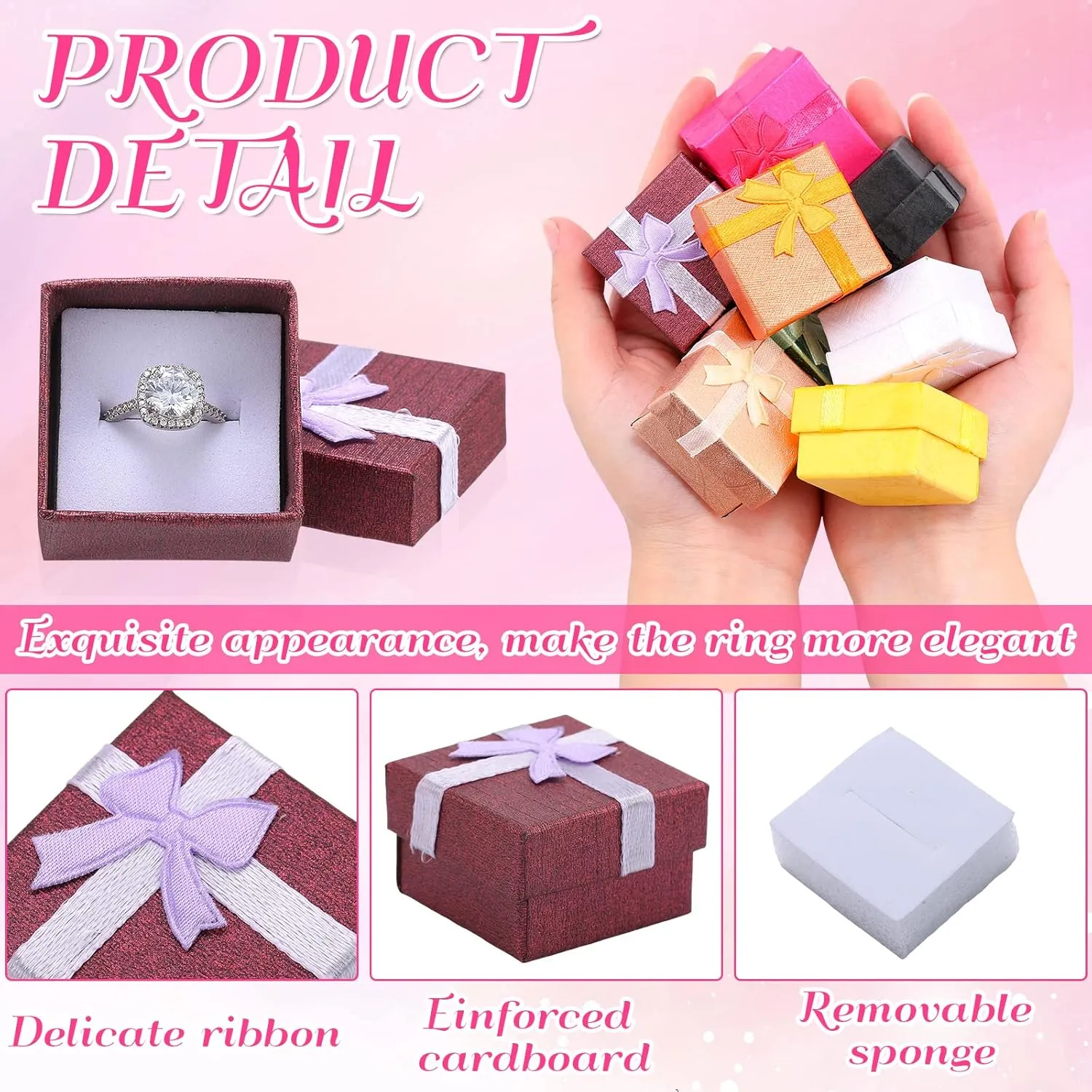 72 Pcs Ring Boxes 1.6 x 1.6 In Hard Cardboard Jewelry Box with Ribbon Bow Small Jewelry Gift Cases for Small Business(Bright Color)