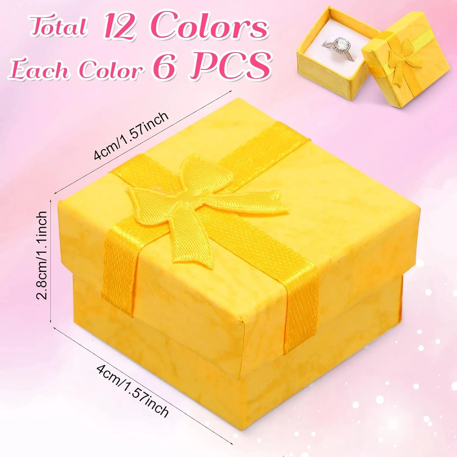 72 Pcs Ring Boxes 1.6 x 1.6 In Hard Cardboard Jewelry Box with Ribbon Bow Small Jewelry Gift Cases for Small Business(Bright Color)