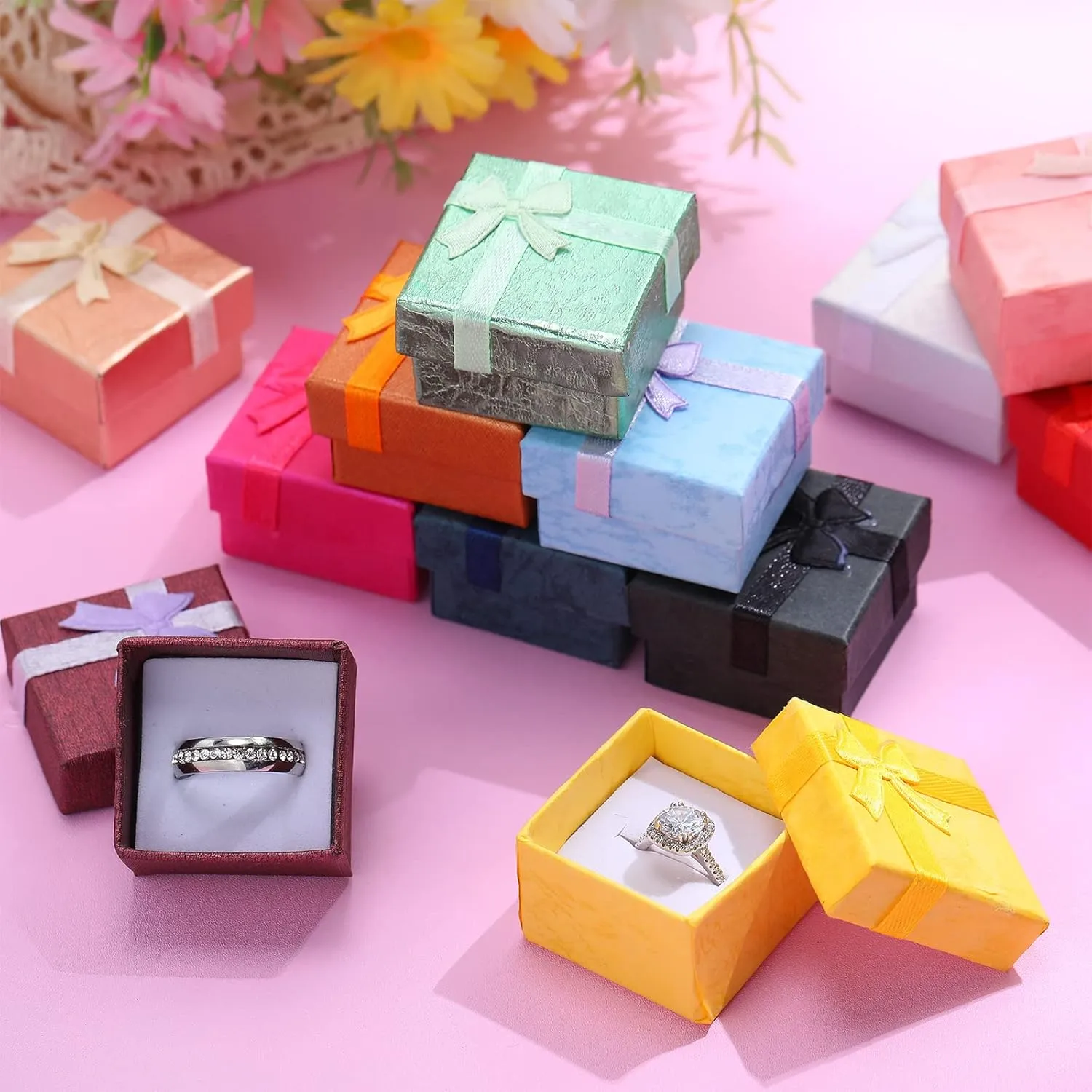 72 Pcs Ring Boxes 1.6 x 1.6 In Hard Cardboard Jewelry Box with Ribbon Bow Small Jewelry Gift Cases for Small Business(Bright Color)