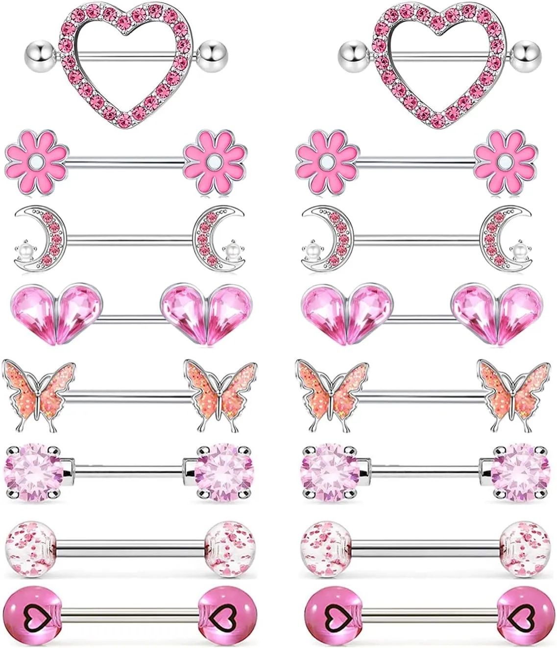 8 Pairs 14G Nipple Rings for Women 316L Stainless Steel Heart Butterfly Moon CZ Flower Barbell Nipple Rings Set Cute Nipplerings Piercing Jewelry