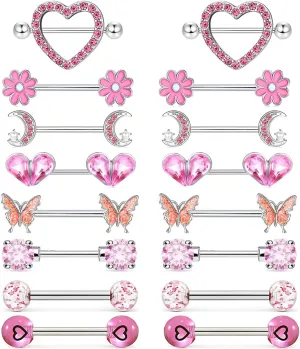 8 Pairs 14G Nipple Rings for Women 316L Stainless Steel Heart Butterfly Moon CZ Flower Barbell Nipple Rings Set Cute Nipplerings Piercing Jewelry