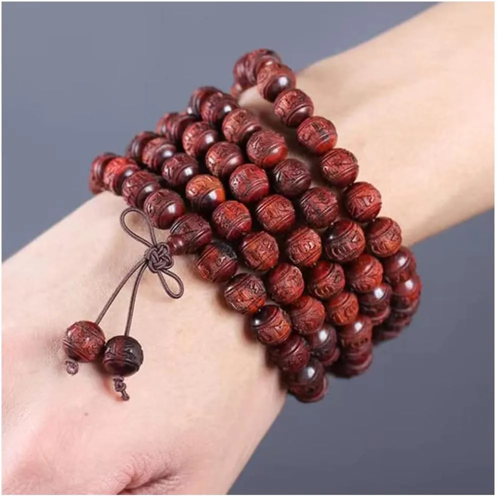 8Mm Tibetan Buddhist Mala Bracelet Necklace 108 Natural Zambia Blood Sandalwood Six-Character Mantra Prayer Beads for Meditation Chanting