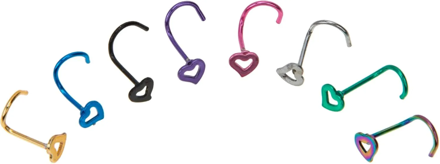 8Pcs Stainless Steel Nose Rings Studs Kit Shaped Nose Studs Heart Design Jewelry Non Allergic for Daily Wear present for Birthdays Anniversaries and More