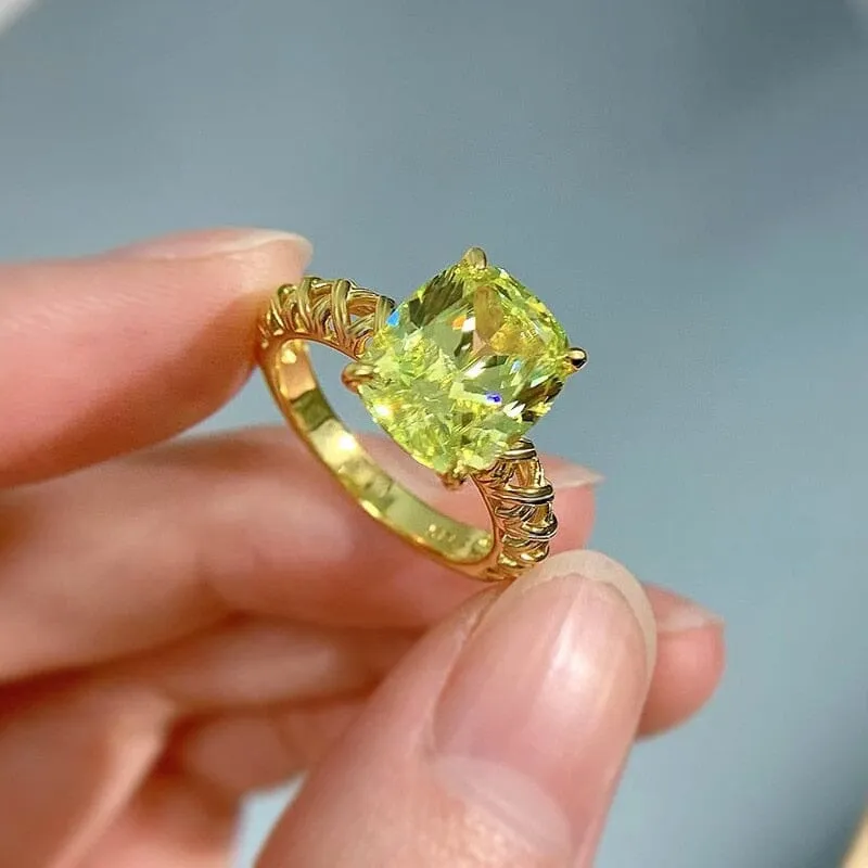 9*11mm Peridot Square Vintage 18K Gold Plated 925 Sterling Silver Ring