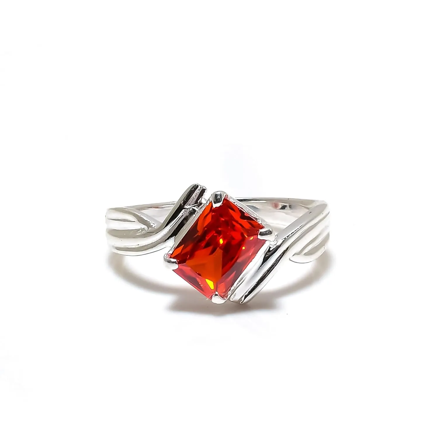 925 Solid Silver Band | Orange Topaz Gemstone Stacking Stackable Ring For Men & Women | Statement Prong Rings | Best Gift For Christmas (14k Yellow Gold Plated, 7)