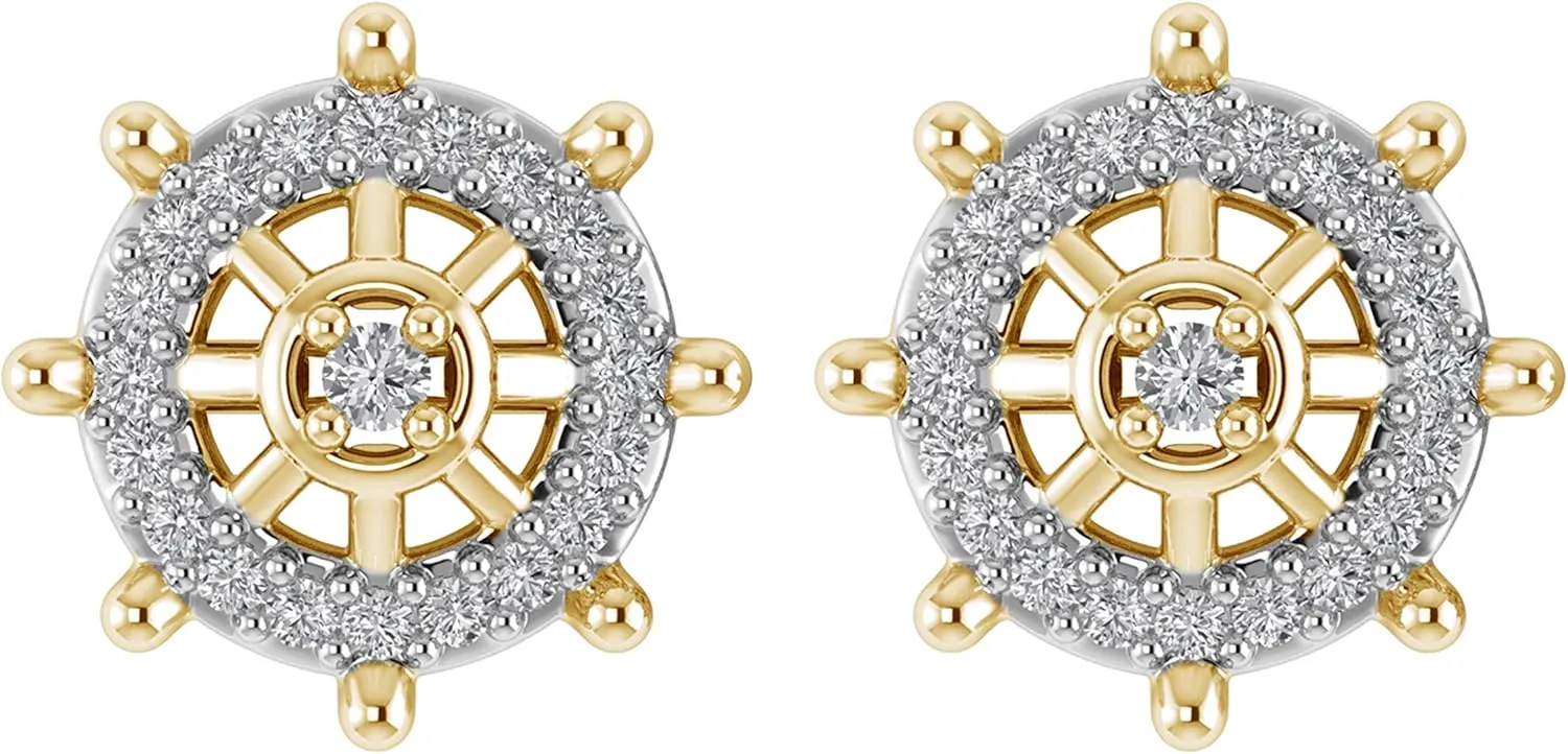 925 Sterling Silver 1/6 Carat (ctw) Natural Round Cut White Diamond Ship's Wheel Stud Earrings For Women (H-I / I1-I2 / 0.18 CTTW) | Delicate Earrings