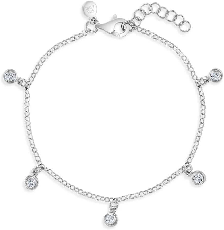 925 Sterling Silver Bezel Set Cubic Zirconia Charm Bracelet For Little Girls & Preteens 6"-7" - A Delicate Cubic Zirconia Charm Bezel Bracelet For A Young Girl