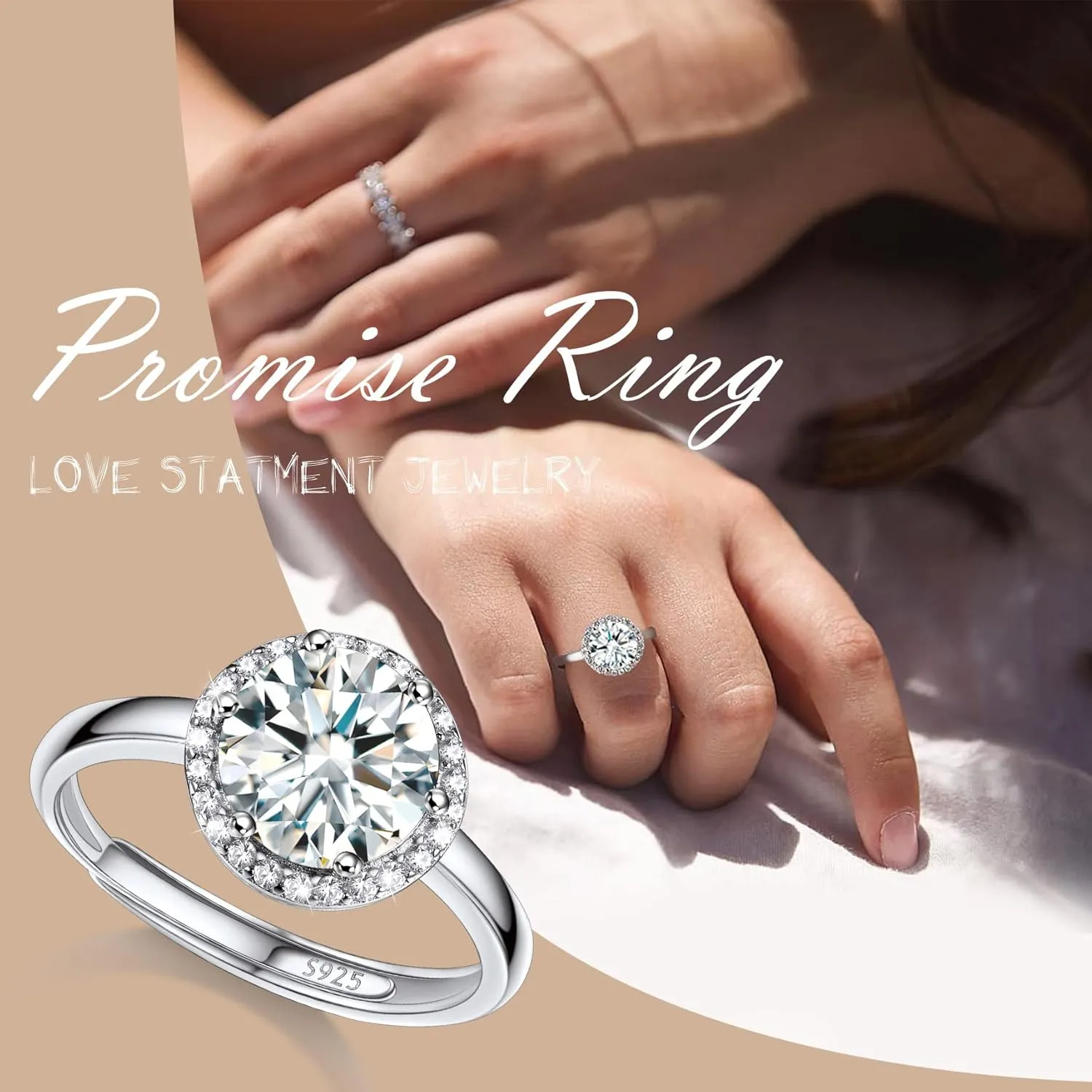925 Sterling Silver Birthstone Rings for Women Girls with Clear 2ct Heart/Round/Teardrop/Square Crystal, Solitaire Diamond Halo Open Bands Cubic Zirconia Rings Adjustable Size#6-#12