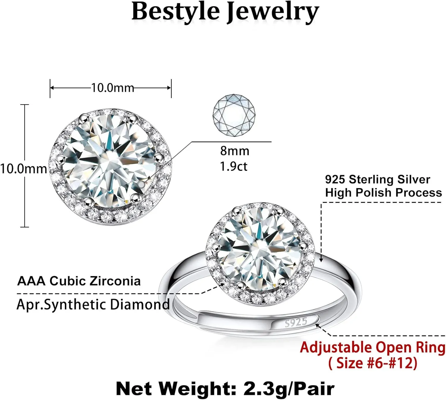 925 Sterling Silver Birthstone Rings for Women Girls with Clear 2ct Heart/Round/Teardrop/Square Crystal, Solitaire Diamond Halo Open Bands Cubic Zirconia Rings Adjustable Size#6-#12