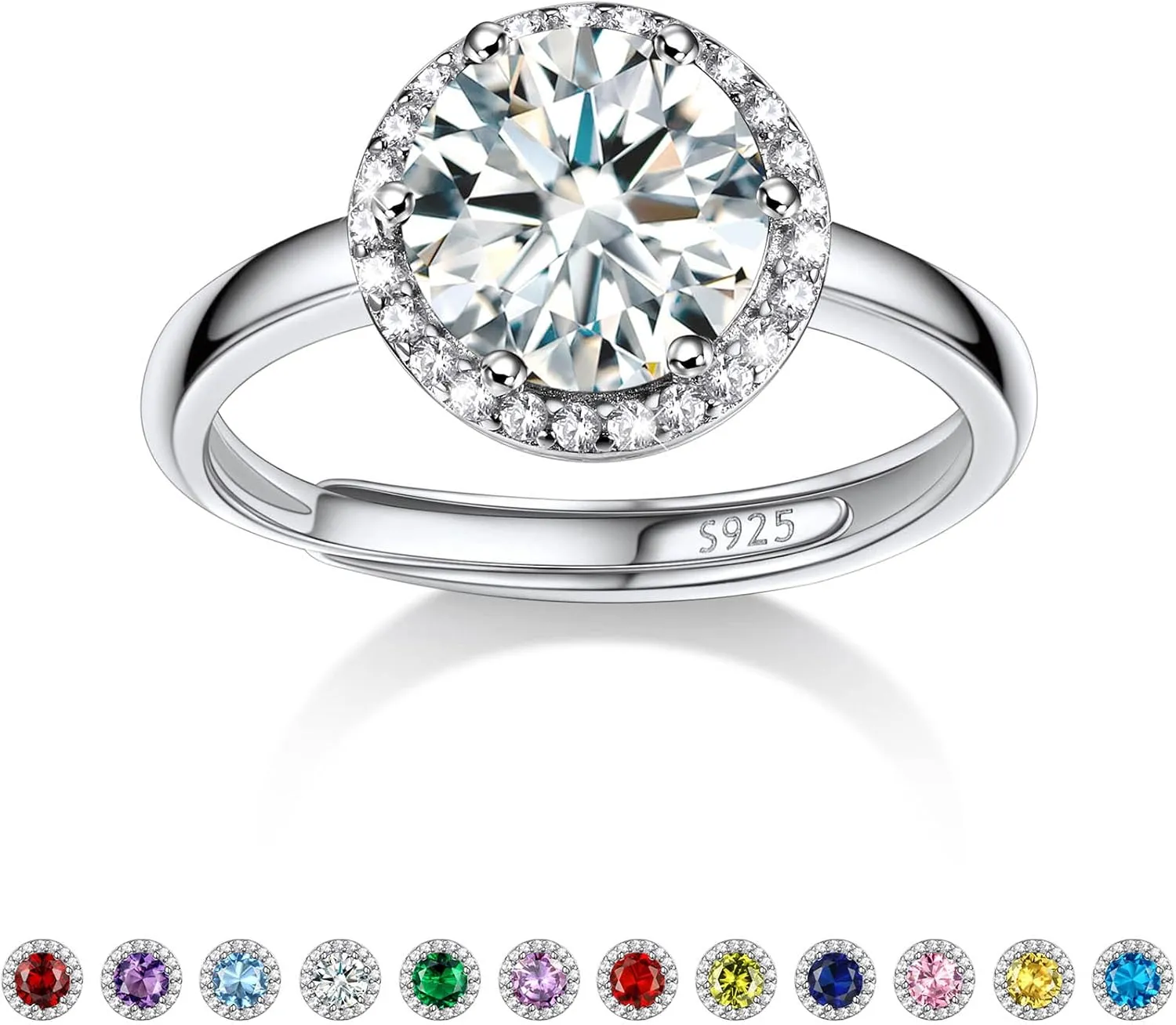 925 Sterling Silver Birthstone Rings for Women Girls with Clear 2ct Heart/Round/Teardrop/Square Crystal, Solitaire Diamond Halo Open Bands Cubic Zirconia Rings Adjustable Size#6-#12