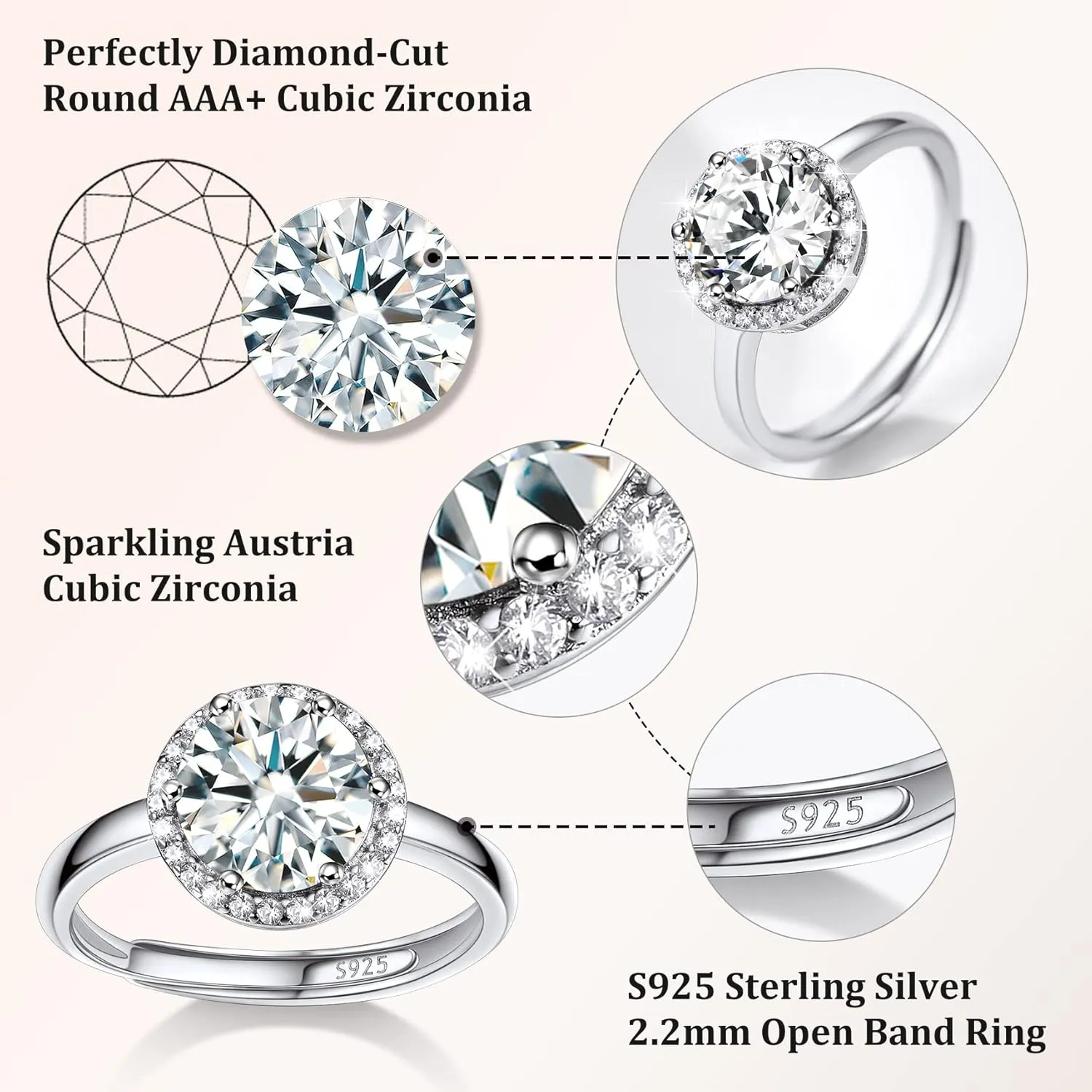 925 Sterling Silver Birthstone Rings for Women Girls with Clear 2ct Heart/Round/Teardrop/Square Crystal, Solitaire Diamond Halo Open Bands Cubic Zirconia Rings Adjustable Size#6-#12