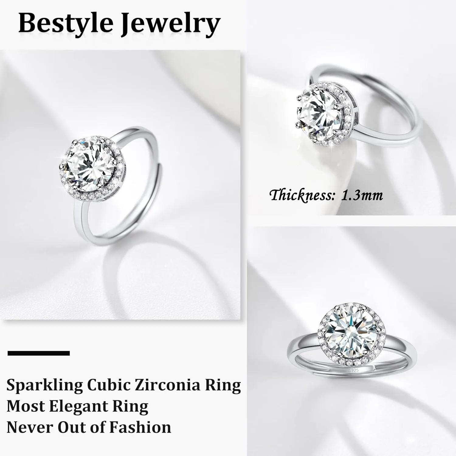 925 Sterling Silver Birthstone Rings for Women Girls with Clear 2ct Heart/Round/Teardrop/Square Crystal, Solitaire Diamond Halo Open Bands Cubic Zirconia Rings Adjustable Size#6-#12