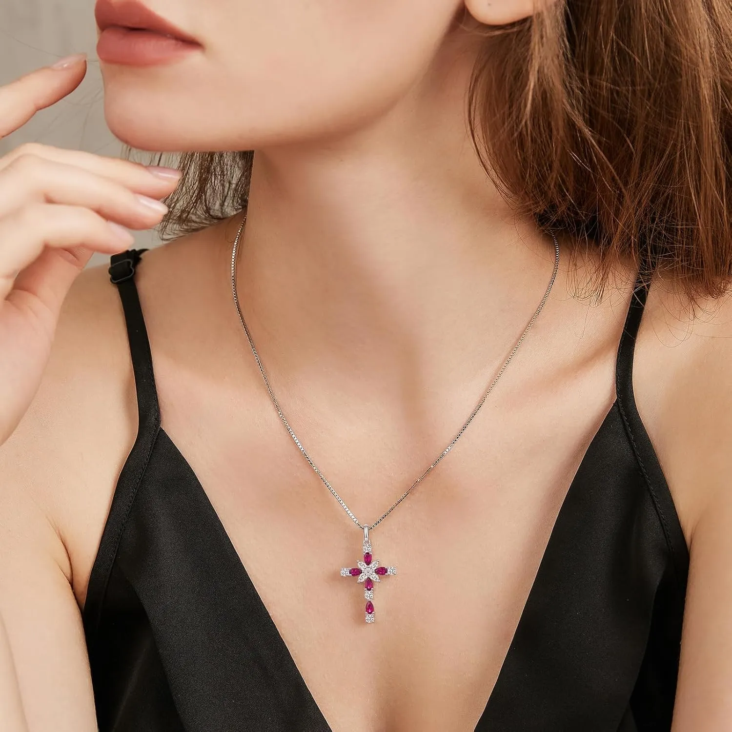 925 Sterling Silver Cross Necklace for WomenBirthday Delicate Star Cross Necklace Jewelry Gifts for WomenBirthstone Religious Jewelry for Mom, Chain 18 inch