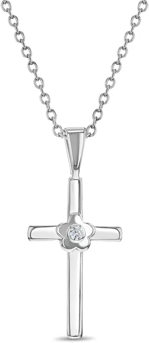 925 Sterling Silver Girl's 16" Religious Shiny Cubic Zirconia Flower Cross Necklace- Beautiful Cross Charm Jewelry for Children & Preteens - Classic Bright CZ Crucifix Pendant Necklace for Young Girls