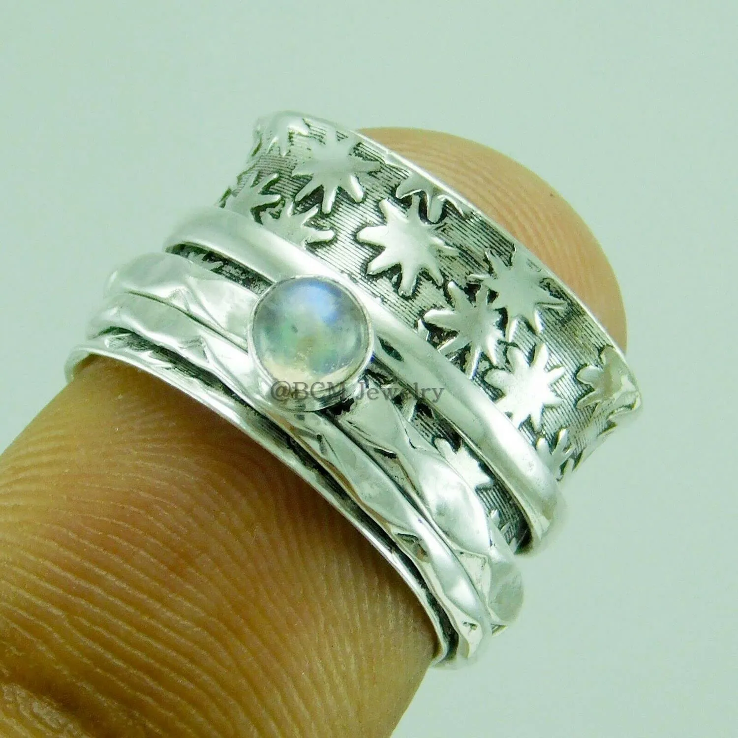 925 Sterling Silver Meditation Spinner Ring Rainbow Moonstone Ethnic Jewelry, Anxiety Ring For Men, Women & Girls, Worry, Thumb, Yoga Ring, Hammered Sun Ring, Christmas Gift (US Ring size 9.5)