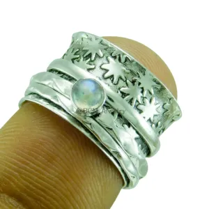 925 Sterling Silver Meditation Spinner Ring Rainbow Moonstone Ethnic Jewelry, Anxiety Ring For Men, Women & Girls, Worry, Thumb, Yoga Ring, Hammered Sun Ring, Christmas Gift (US Ring size 9.5)
