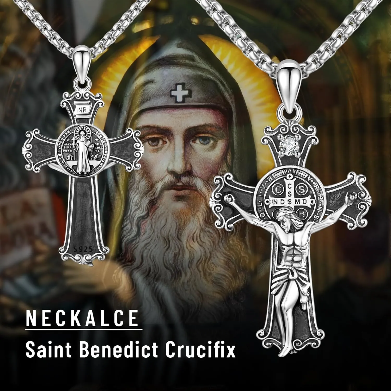 925 Sterling Silver Patron Saint Medals Amulet Protection Pandent Necklace Cross Faith Jewelry for Men(2.5mm 22" 2" Rolo Chain)