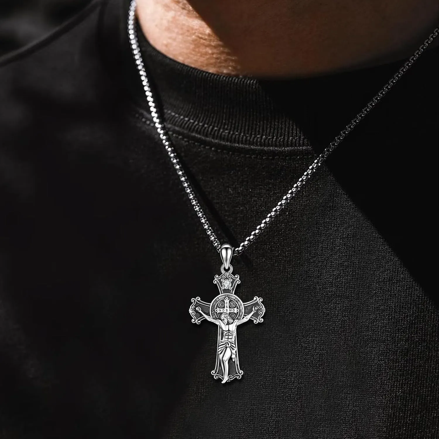 925 Sterling Silver Patron Saint Medals Amulet Protection Pandent Necklace Cross Faith Jewelry for Men(2.5mm 22" 2" Rolo Chain)