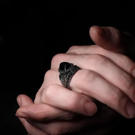 925 Sterling Silver Phoenix Design Men's Ring with Black Zircon Gemstone, Handmade Eagle Silver Ring for Men
