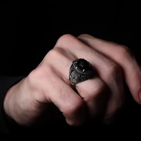 925 Sterling Silver Phoenix Design Men's Ring with Black Zircon Gemstone, Handmade Eagle Silver Ring for Men