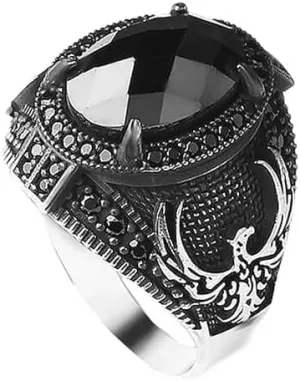 925 Sterling Silver Phoenix Design Men's Ring with Black Zircon Gemstone, Handmade Eagle Silver Ring for Men
