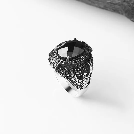 925 Sterling Silver Phoenix Design Men's Ring with Black Zircon Gemstone, Handmade Eagle Silver Ring for Men