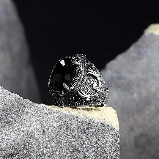925 Sterling Silver Phoenix Design Men's Ring with Black Zircon Gemstone, Handmade Eagle Silver Ring for Men