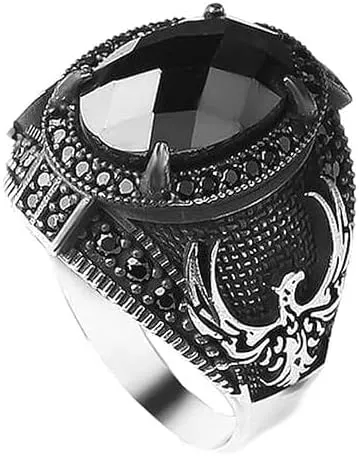 925 Sterling Silver Phoenix Design Men's Ring with Black Zircon Gemstone, Handmade Eagle Silver Ring for Men