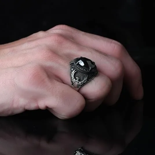 925 Sterling Silver Phoenix Design Men's Ring with Black Zircon Gemstone, Handmade Eagle Silver Ring for Men