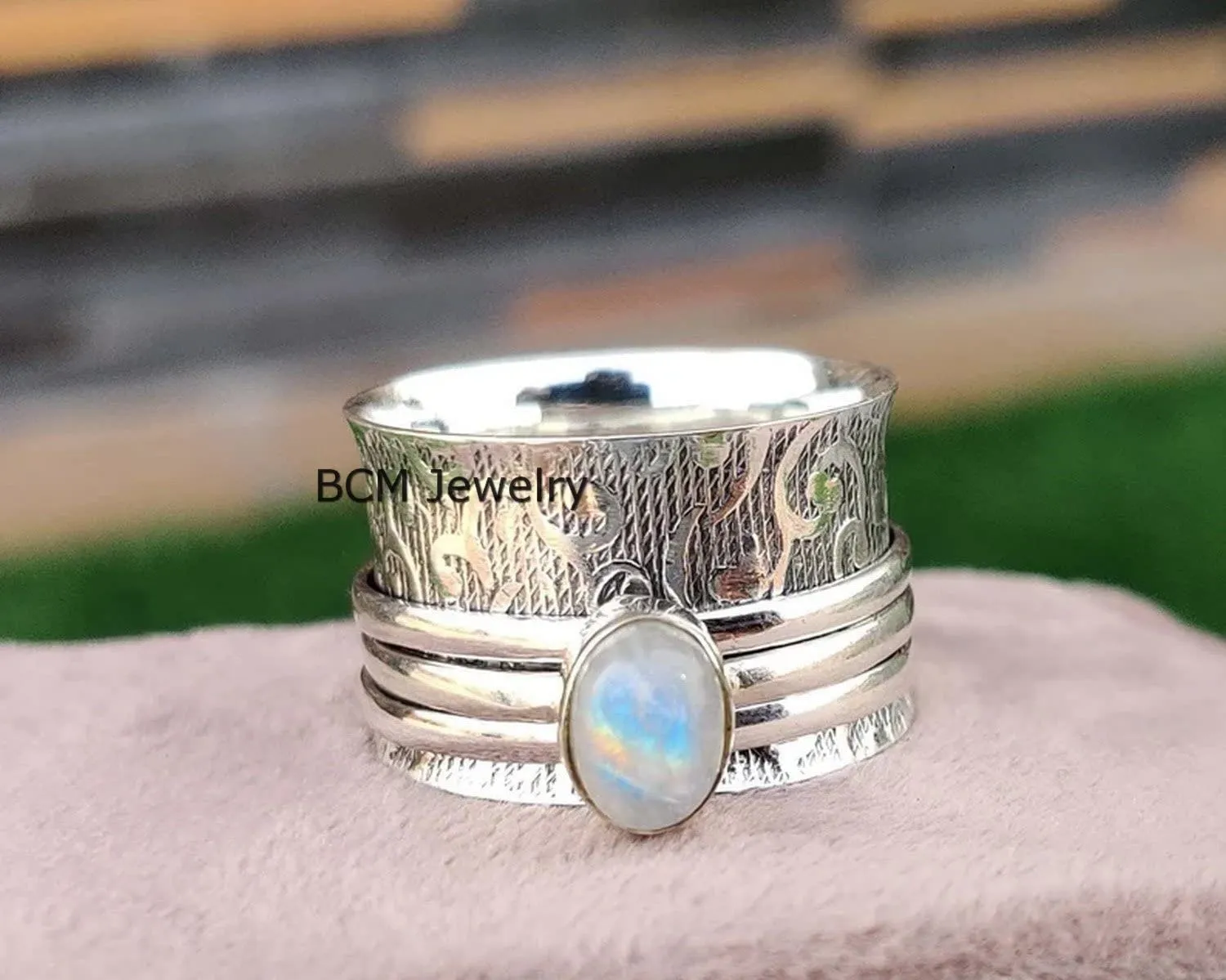 925 Sterling Silver Rainbow Moonstone Spinner Meditation Ring, Anxiety Ring For Men, Women & Girls, Worry, Thumb, Yoga Ring, handmade Ring, Christmas Gift (US Ring size 12)