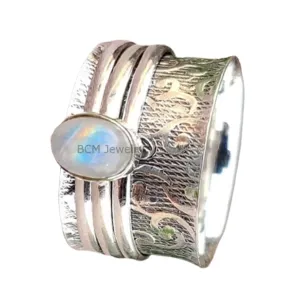 925 Sterling Silver Rainbow Moonstone Spinner Meditation Ring, Anxiety Ring For Men, Women & Girls, Worry, Thumb, Yoga Ring, handmade Ring, Christmas Gift (US Ring size 12)