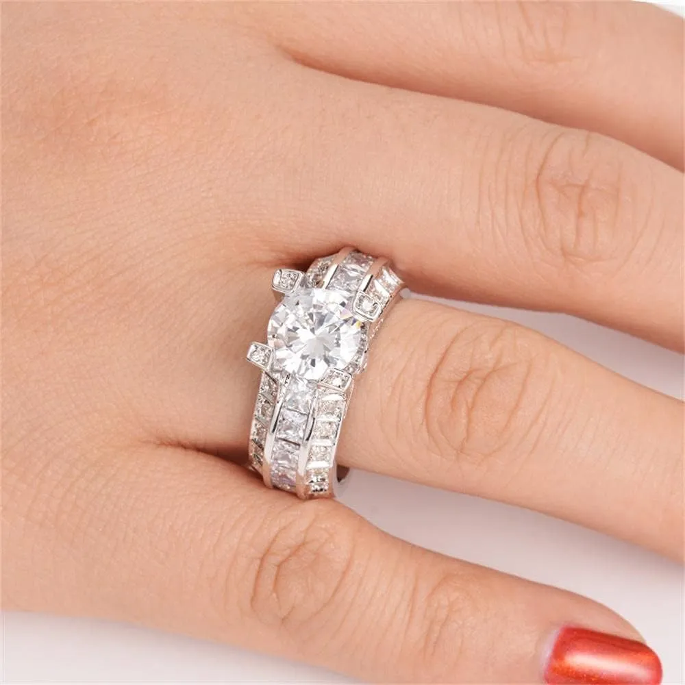 925 Sterling Silver Shiny Full Diamond Gemstone Ring Cubic Zirconia Rings 2.5 Carat CZ Diamond Multi Row Ring Eternity Engagement Wedding Band Ring for Women (US Code 9)