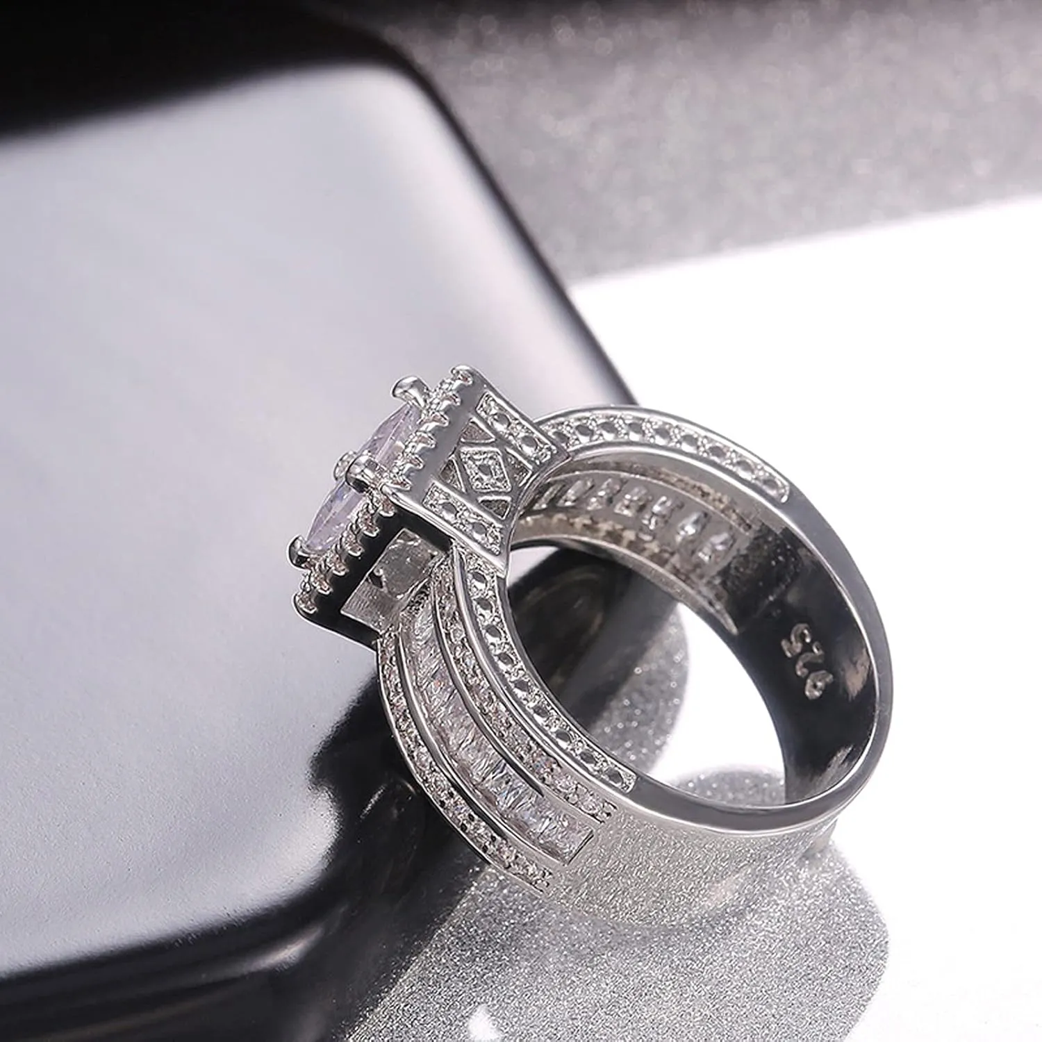 925 Sterling Silver Shiny Full Diamond Gemstone Ring Cubic Zirconia Rings CZ Diamond Multi Row Ring Eternity Engagement Wedding Band Ring for Women (US Code 6)