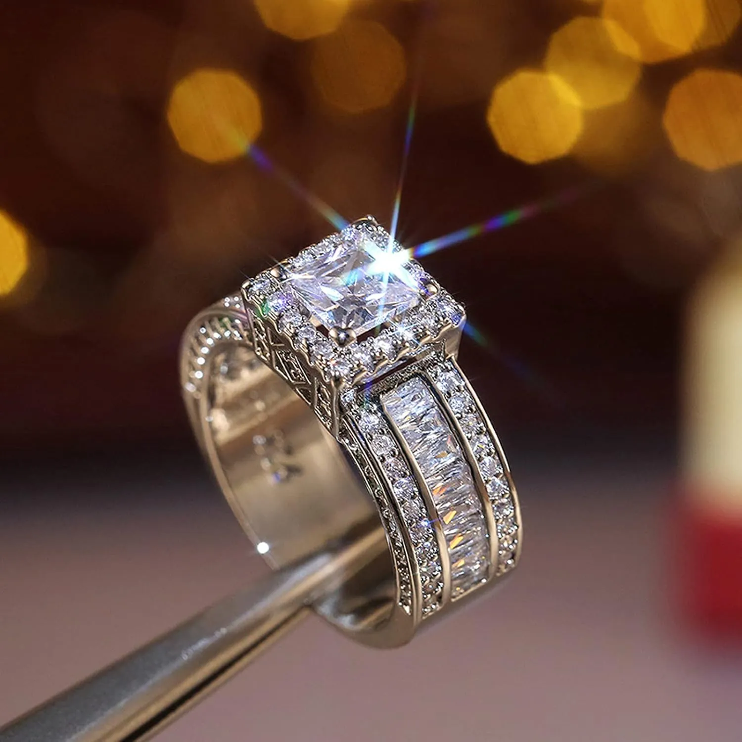 925 Sterling Silver Shiny Full Diamond Gemstone Ring Cubic Zirconia Rings CZ Diamond Multi Row Ring Eternity Engagement Wedding Band Ring for Women (US Code 6)